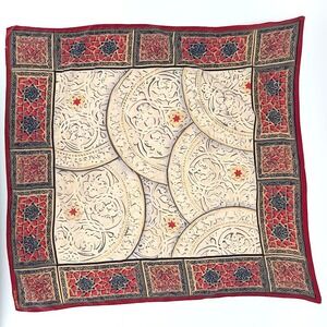 Ellen Tracy Silk Scarf Red Navy Cream Mosaic Scrollwork Print Square Hand Rolled